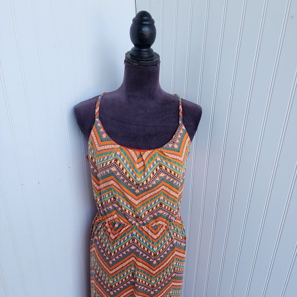 Bobbie Brooks Ladies Maxi Long Boho Dress Orange Blue Halter Tie Back Straps L - Picture 2 of 10